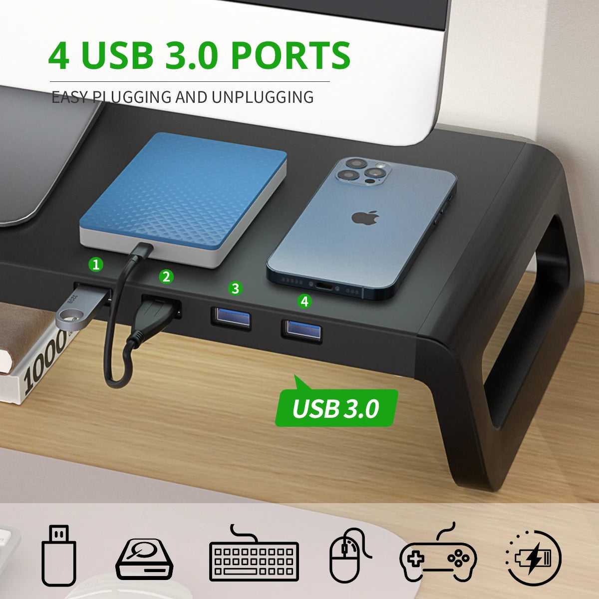 Support de bureau, en aluminium, pour écran - Hub USB 3.0