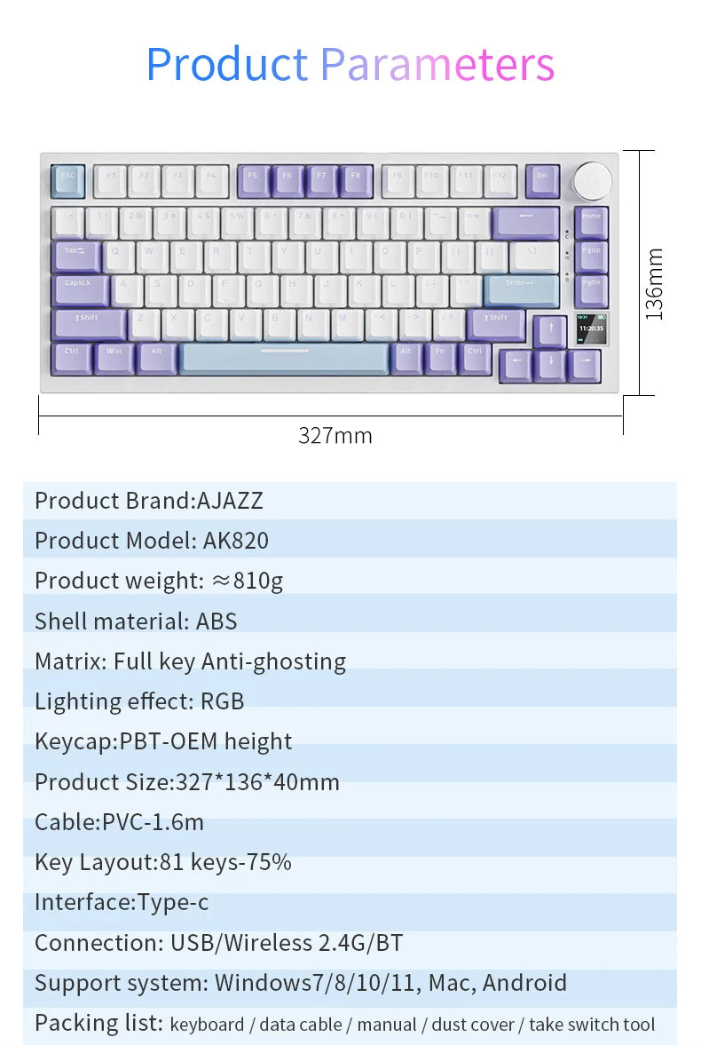 Clavier mécanique AJAZZ AK820/AK820Pro QWERTY - Disponible avec écran TFT et systèmes sans fil (2.4GHz et Bluetooth)